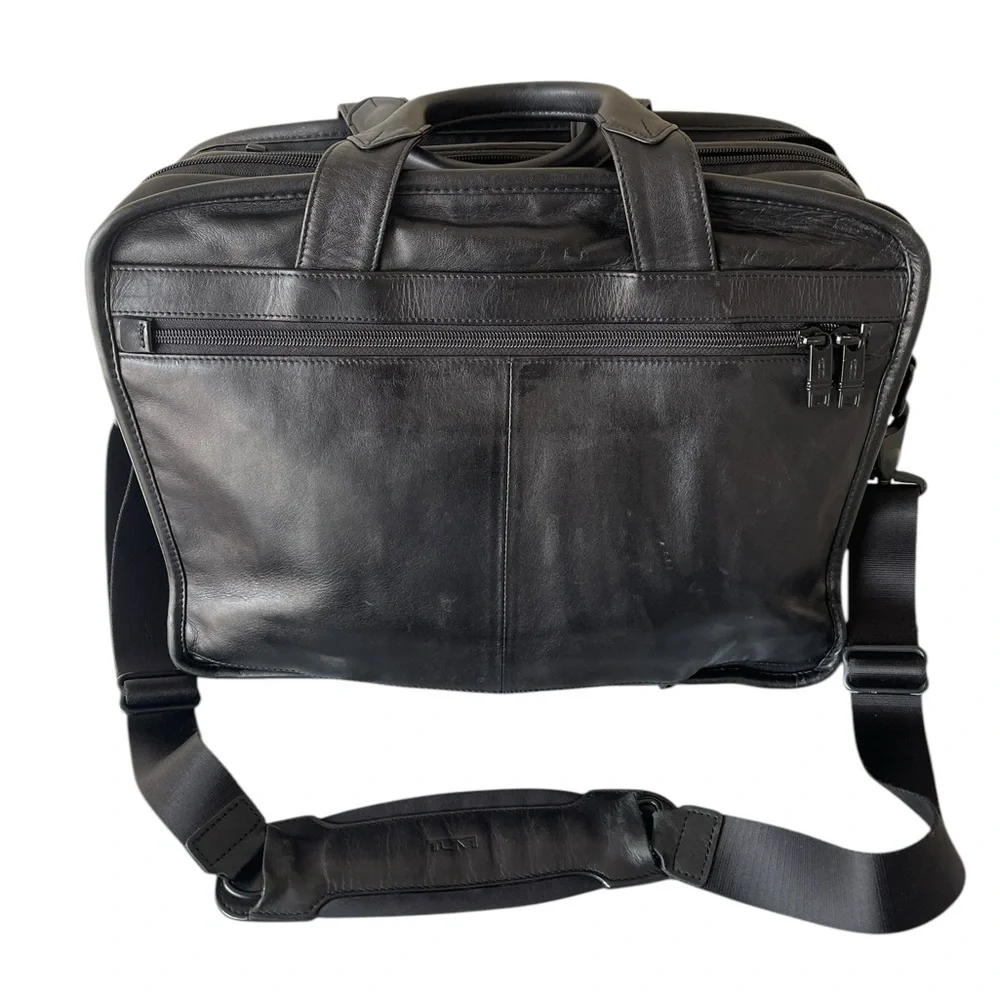 TUMI Black Leather Expandable Laptop Briefcase